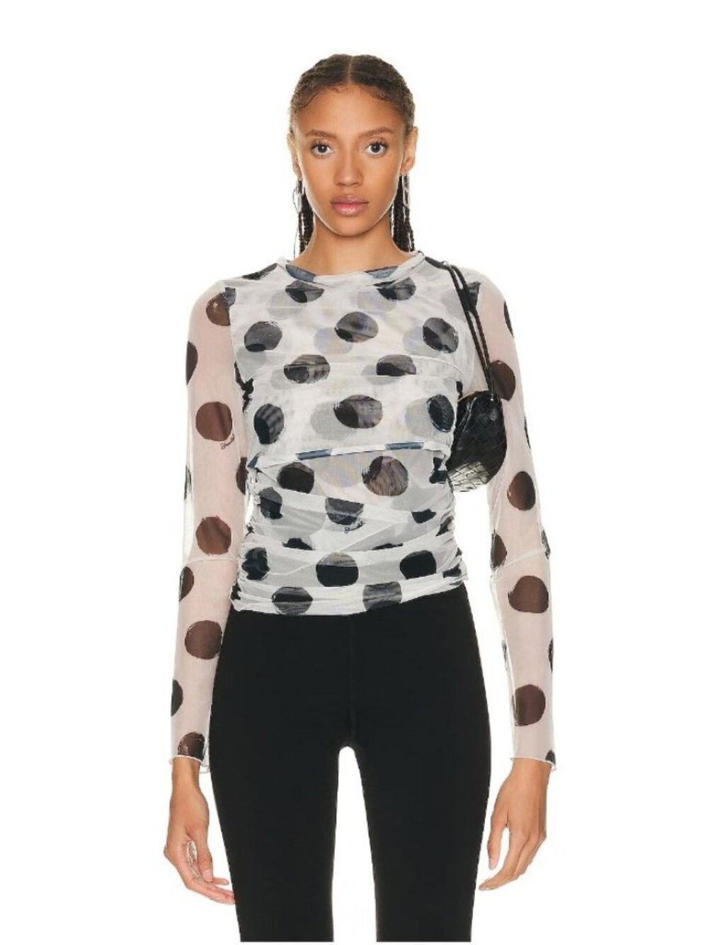 Simon Miller Size S Aku Mesh Top Semi Sheer Macadamia & Black Dot Print Ruched